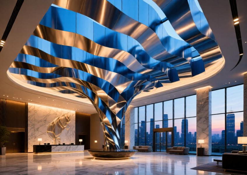 Anodized blue aluminum sculptural ceiling enhancing the ambiance of a high-end hotel lobby