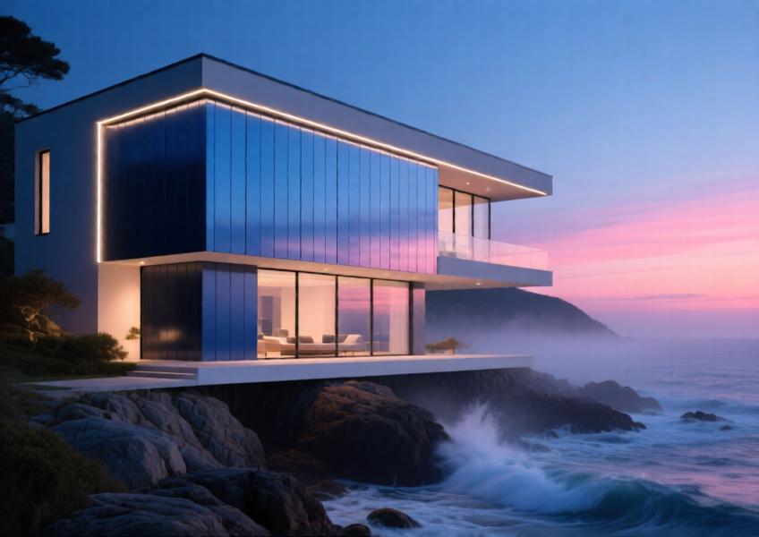 Luxury coastal villa with anodized blue aluminum panels glowing under twilight, blending modern design with oceanic elements.