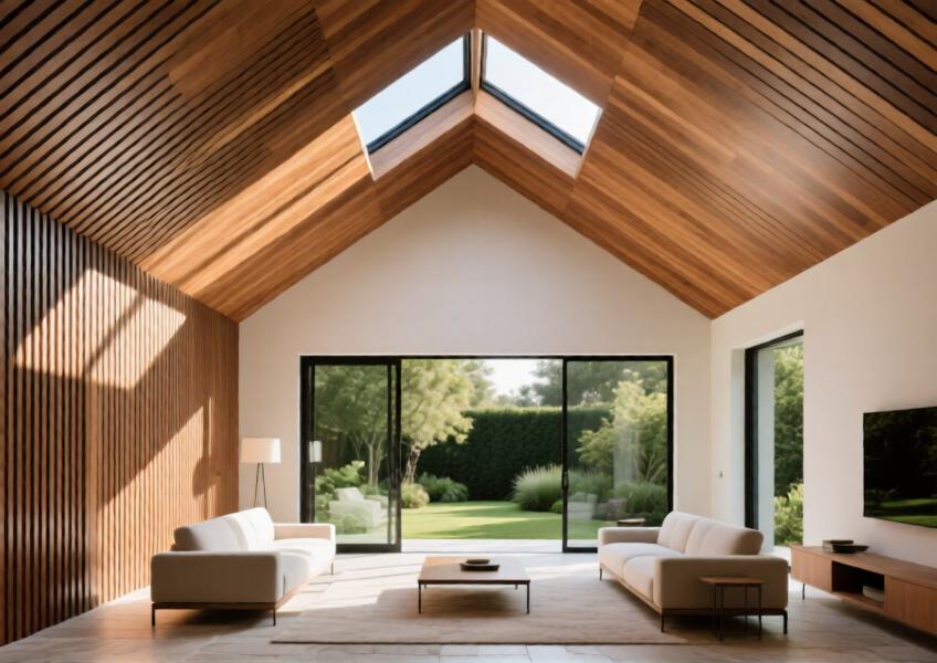 Luxury villa with matte warm oak-finished aluminum ceiling panels enhancing a sunlit, minimalist interior.