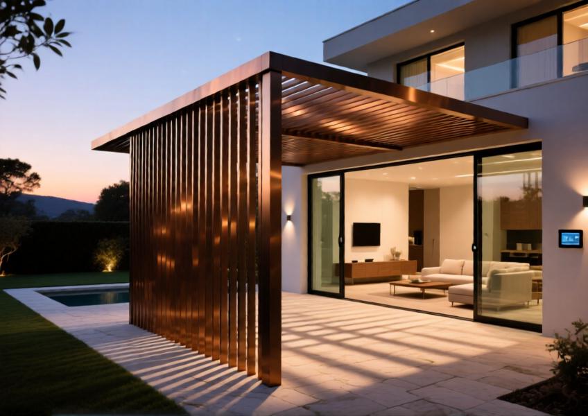 Bronze-painted aluminum sun-shading system enhancing a high-end villa’s outdoor living space at dusk.