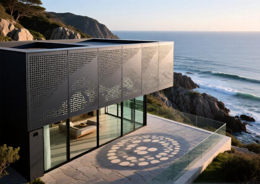 Luxury coastal villa with charcoal gray perforated aluminum screen wall casting light patterns at sunset.