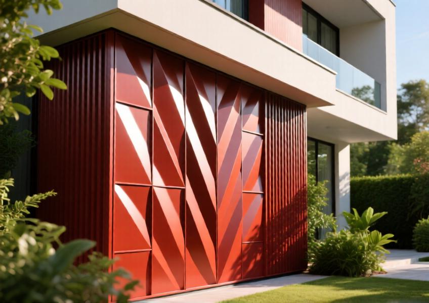 Close-up of textured, terracotta-red aluminum cladding on a luxury villa, highlighting material detail and design contrast with nature.