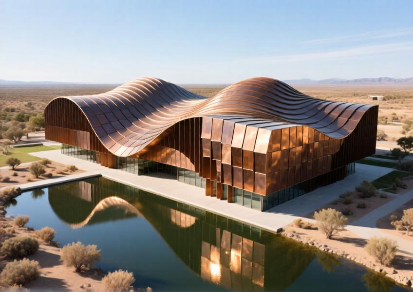 Cultural center with anodized bronze aluminum façade and roof under midday sun.