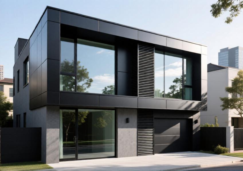 A geometrically detailed urban villa façade using matte black and anthracite aluminum elements for a sophisticated, modern look.