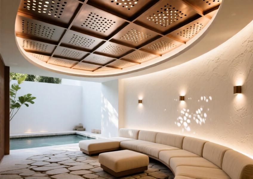 Spa ceiling with anodized bronze perforated aluminum panels designed for acoustic and visual harmony.