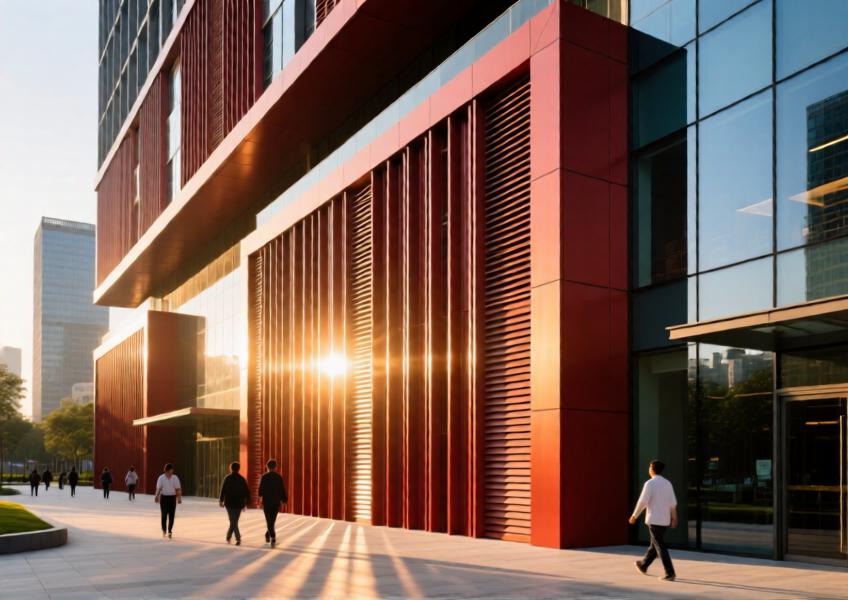 Sun-responsive red powder-coated aluminum louver system on a Shenzhen mixed-use building at golden hour.