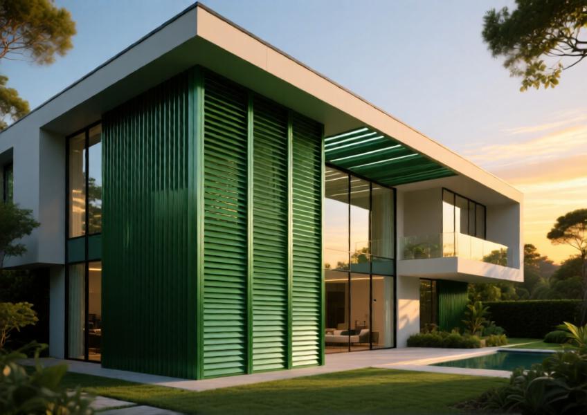 Luxury villa with matte forest green aluminum louvers in a sustainable cladding design