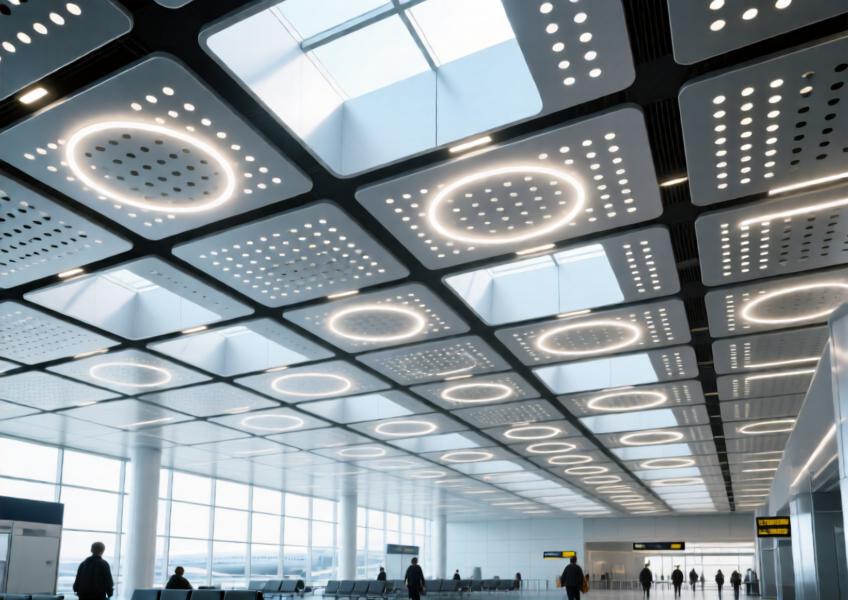 Brushed silver perforated aluminum ceiling in a busy airport terminal, combining aesthetics, acoustics, and functional lighting.