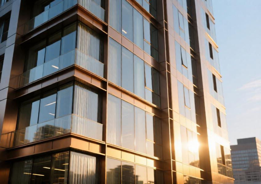 Modern high-rise with anodized bronze aluminum curtain wall system under golden-hour lighting