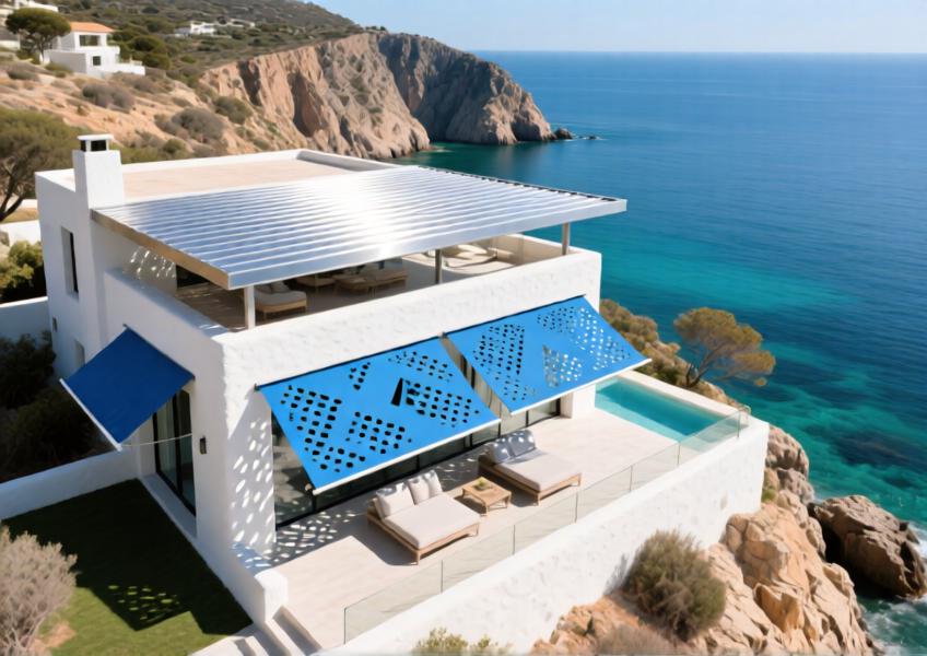 Luxury coastal villa with anodized blue perforated aluminum sunshades and silver aluminum canopy ceiling.