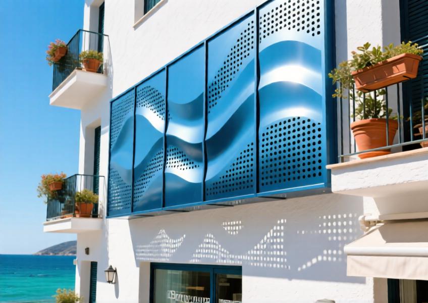 Close-up of anodized blue perforated aluminium cladding on a seaside boutique hotel, highlighting shadow patterns and coastal durability.