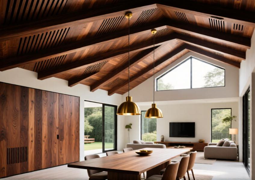 Modern villa interior with bronze-finished wood-effect aluminum ceiling panels integrating acoustic functionality and natural lighting.