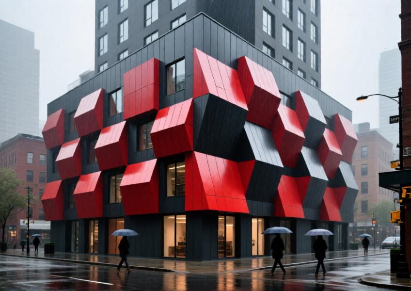 Urban loft with 3D-patterned vibrant red and charcoal grey aluminum cladding panels on a rainy day, highlighting color contrast and modern design.