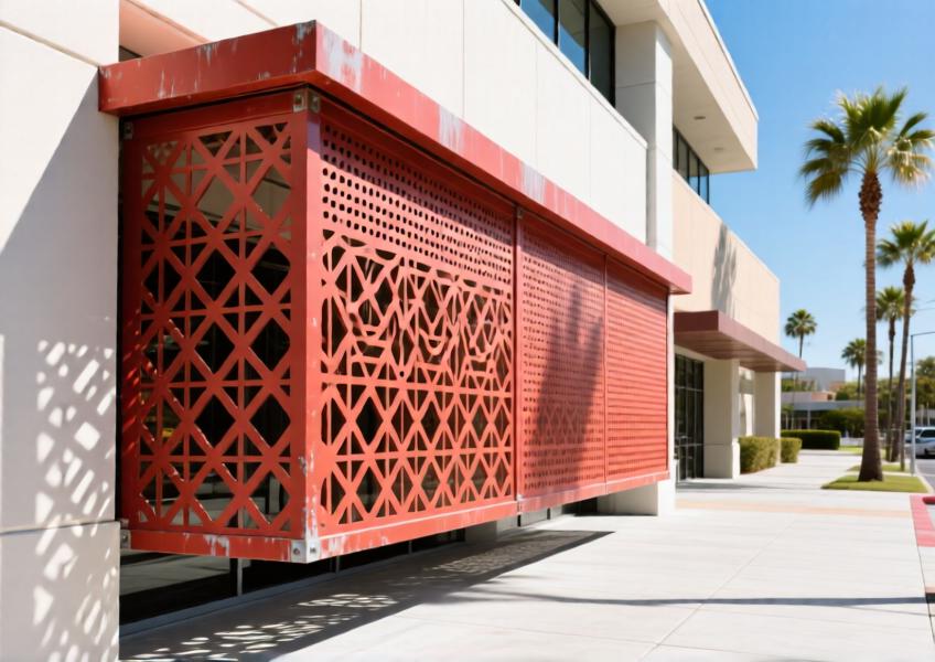 Red powder-coated perforated aluminum sunshade casting detailed shadows in daylight