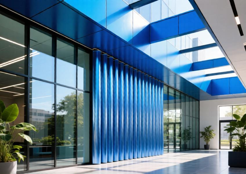 Architectural detail of anodized blue aluminum ceiling and curtain wall integration in a bright commercial lobby.