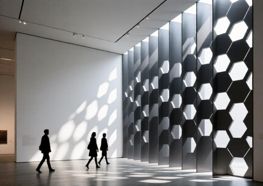 Laser-cut charcoal gray aluminum wall panels casting dynamic light patterns in a museum gallery