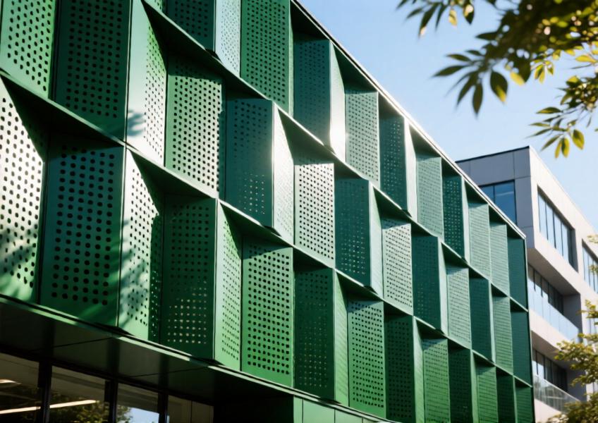 Detailed view of green perforated aluminum cladding creating textured shadows on a modern building façade.