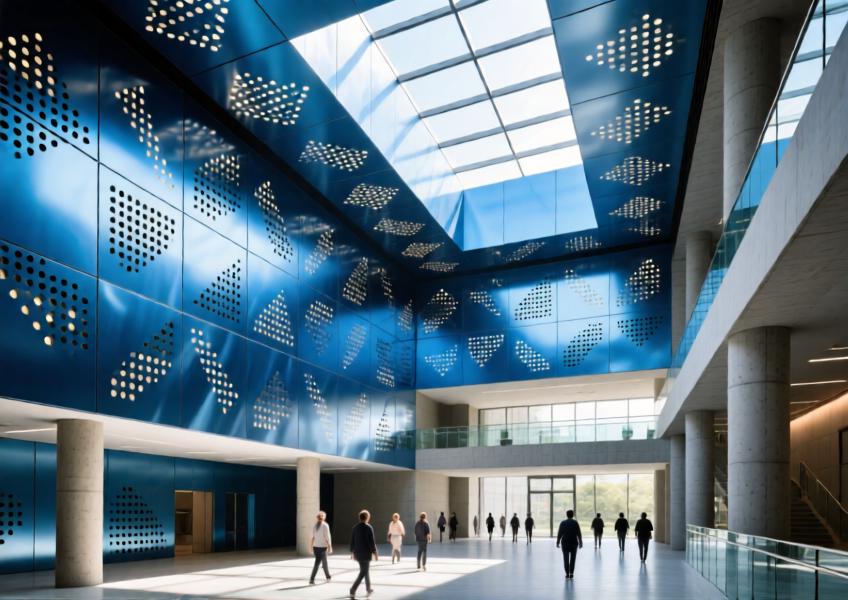 Cultural center atrium with anodized blue aluminum decorative panels that integrate light modulation, acoustic performance, and contemporary design.