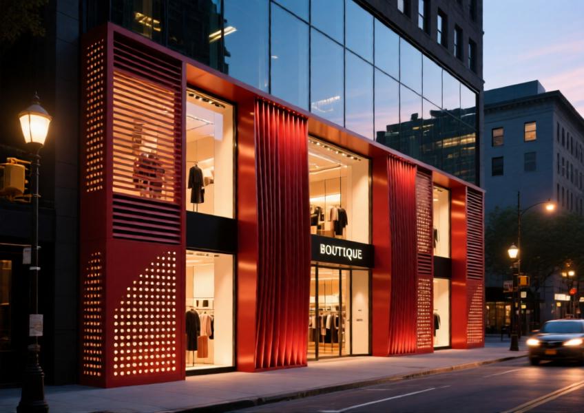 Evening view of a high-end retail store with red powder-coated aluminium decorative façade elements.