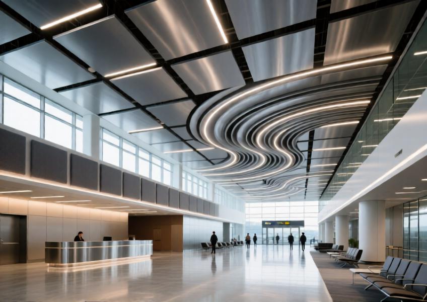 Interior view of a modern airport terminal with charcoal gray aluminum ceiling and integrated lighting.