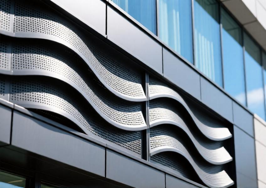 Close-up of charcoal gray perforated aluminum louvers on a modern building façade
