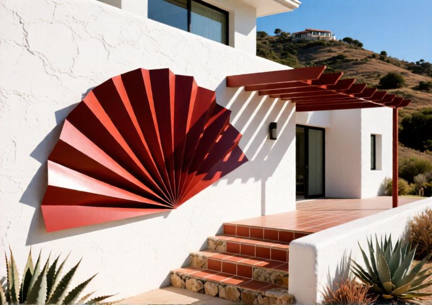 Villa façade with terracotta red aluminum decorative fins creating striking light patterns, blending aesthetics and environmental responsiveness.