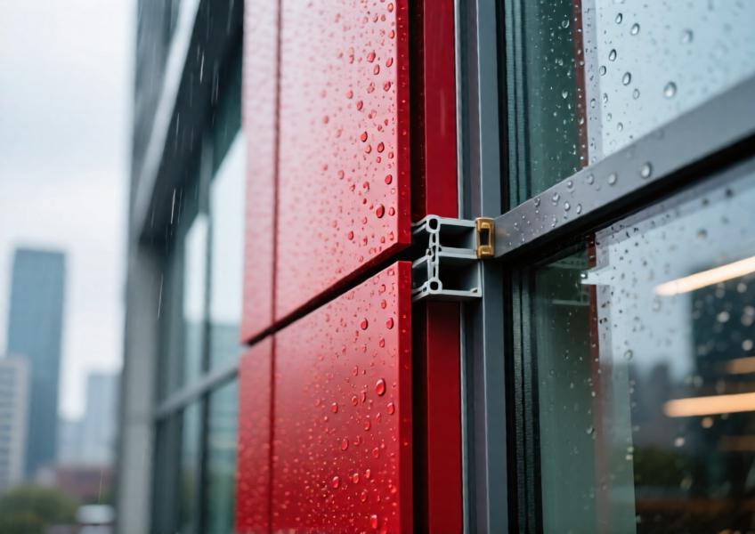 Close-up of red powder-coated aluminum cladding with glass in a curtain wall, showing rain resistance and technical detailing under overcast light.