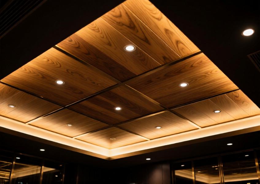 Luxury restaurant ceiling with oak wood-effect aluminum panels under warm ambient lighting.