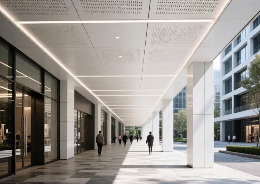Semi-outdoor walkway with matte white perforated aluminum ceiling under natural light.