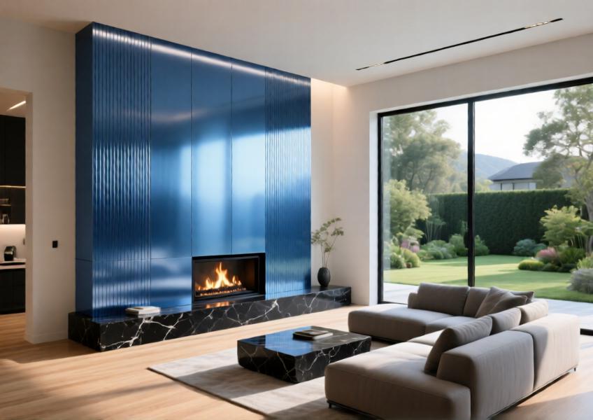 Elegant villa living room with anodized blue aluminum accent wall blending modernity and comfort.