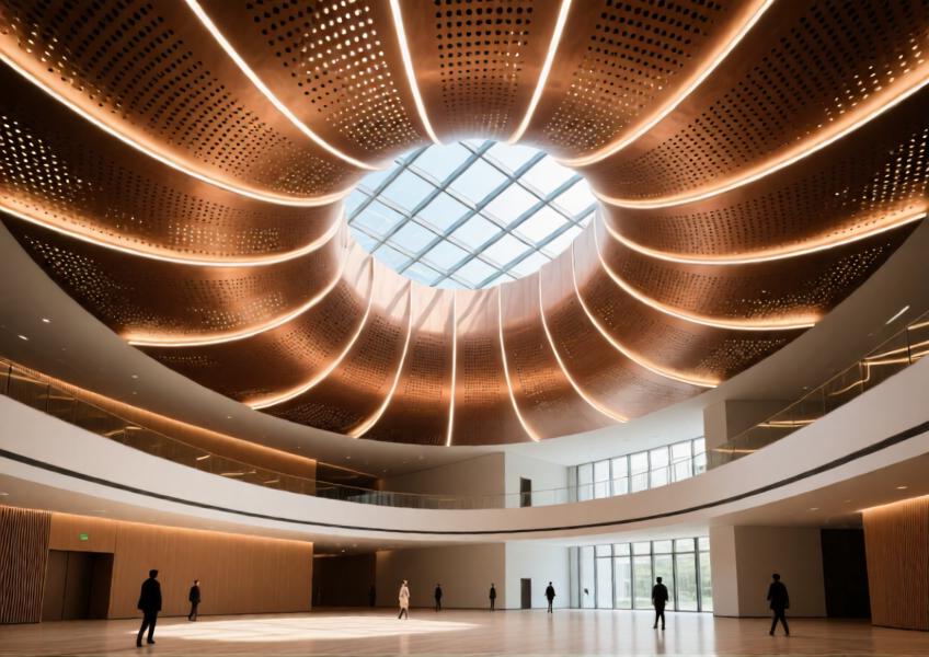 A luxurious atrium with a bronze powder-coated perforated aluminum ceiling illuminated by natural and artificial light