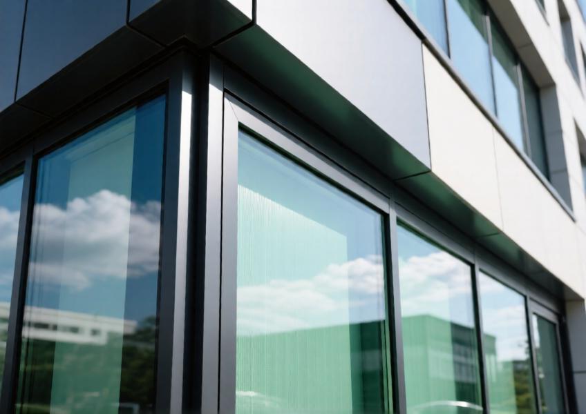 Close-up of a charcoal gray anodized aluminum curtain wall panel with thermal break and low-E glass.