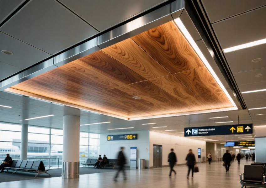 Close-up of wood-grain aluminum ceiling panel in an airport, combining natural aesthetics with durable metal performance.