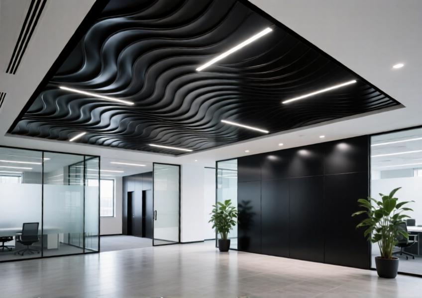 Contemporary office lobby with textured matte black aluminum ceiling enhancing a minimalist interior.