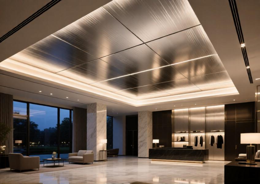 Brushed aluminum ceiling in a high-end hotel lobby with warm ambient lighting