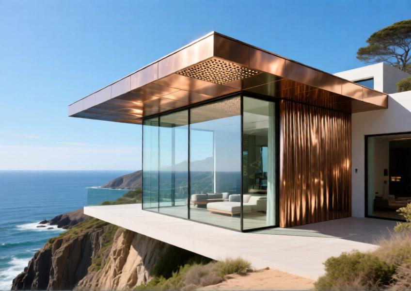 Luxury coastal villa with anodized bronze aluminum curtain walls and ceiling systems blending indoor and outdoor spaces with high-end, sustainable design.