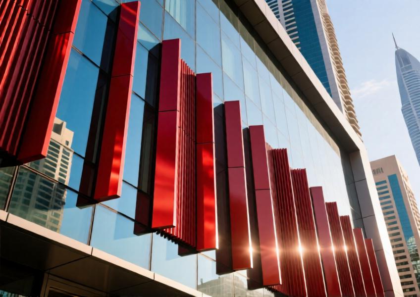 Close-up of red powder-coated aluminum decorative fins on a commercial building in Dubai.