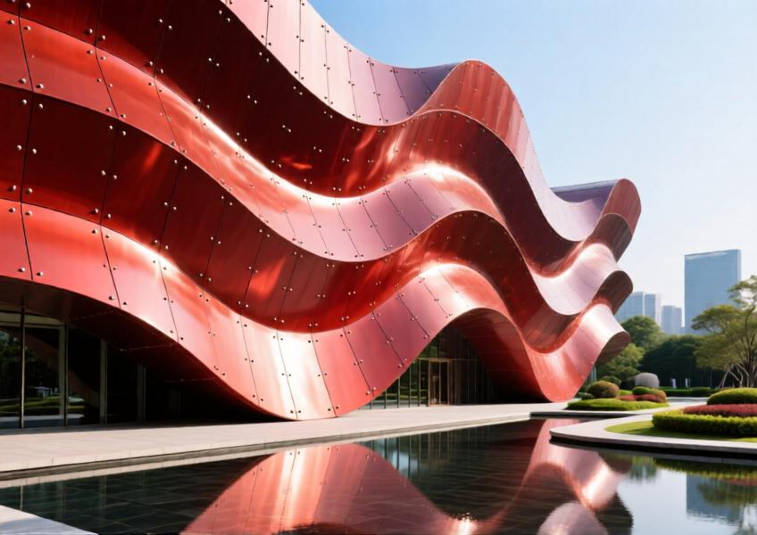 Close-up of a luxury cultural building's undulating facade with vibrant red matte aluminum panels