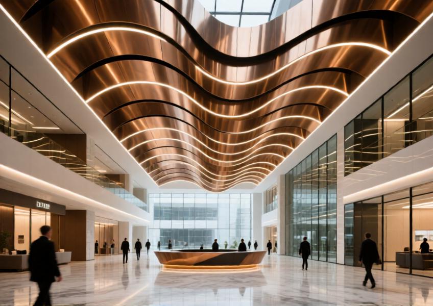 Elegant atrium with brushed bronze aluminum ceiling panels forming a dynamic wave pattern, combining aesthetic sophistication with functional lighting design.