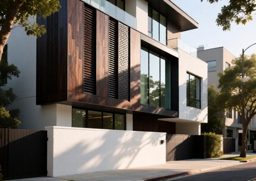 Urban townhouse with dark-stain wood-effect aluminum louvers casting intricate shadows in afternoon light.