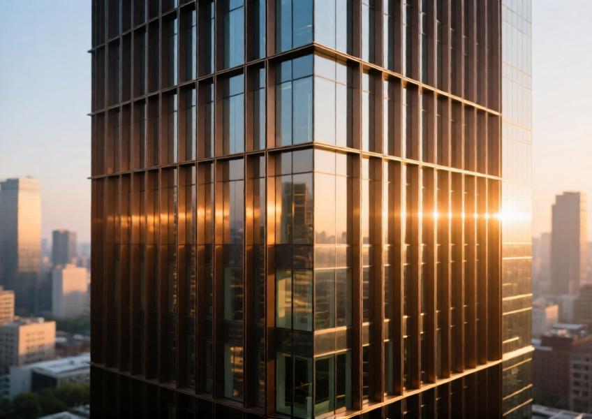 Modern high-rise with anodized bronze aluminum curtain wall at sunset.