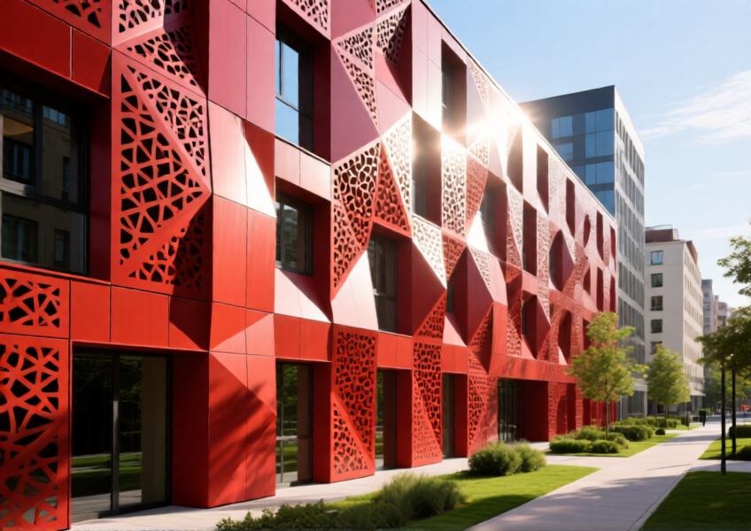 Detailed view of a sunlit, red powder-coated aluminum facade with laser-cut patterns for shading and visual impact.