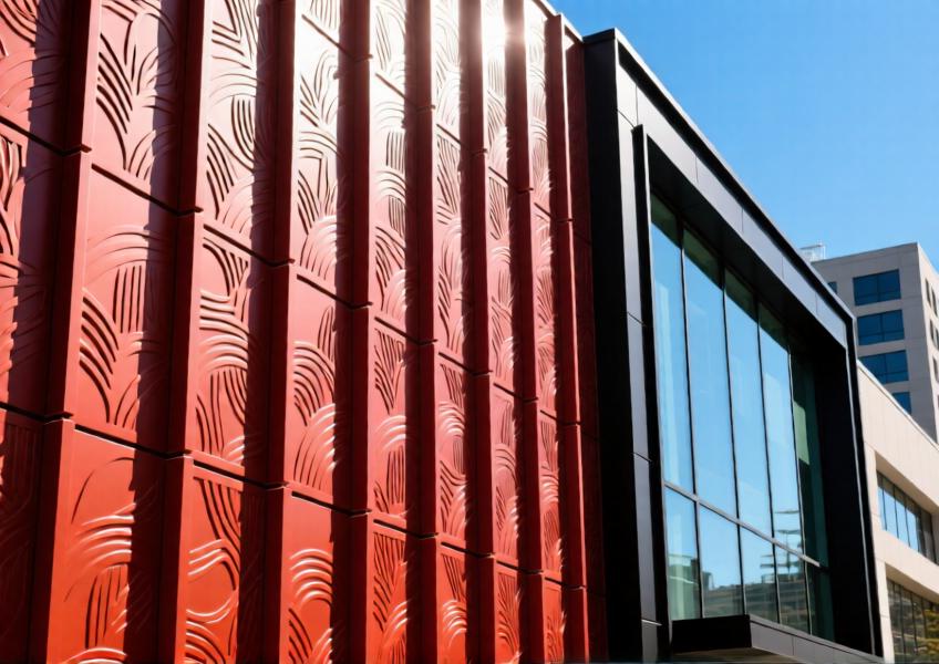 Close-up of a decorative terracotta-red powder-coated aluminum facade with embossed texture, emphasizing material depth and architectural detail.