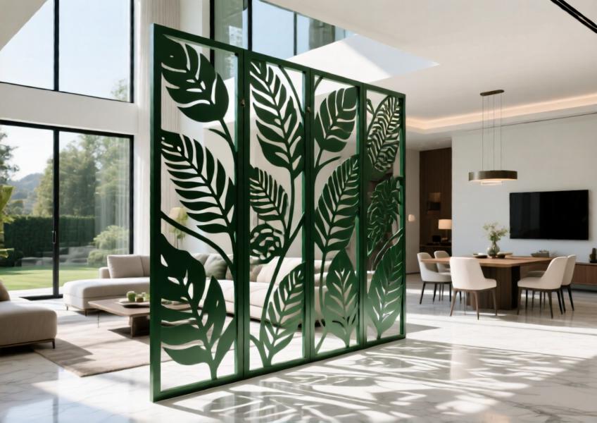 Interior decorative room divider in forest green aluminum with nature-inspired cutouts casting detailed shadows in a luxury villa.