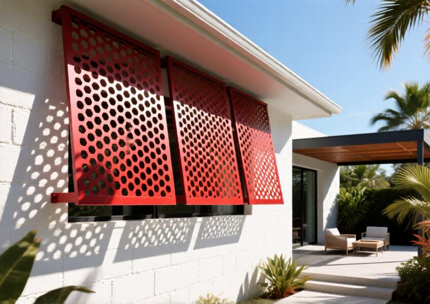 Red perforated aluminum sunshades casting artistic shadows, blending aesthetic detail with solar performance.