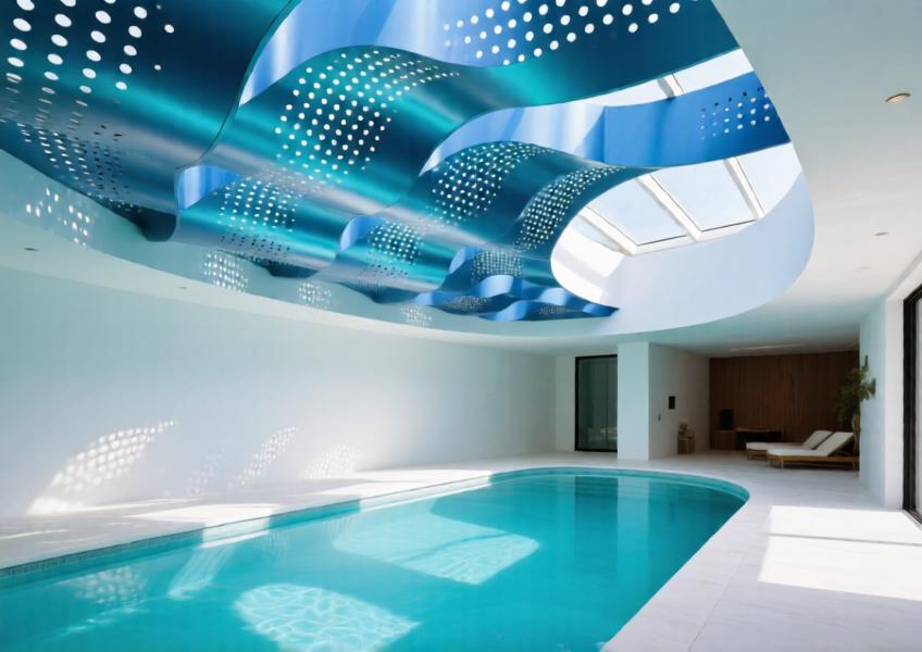 Luxury villa pool area with a curved perforated anodized blue aluminium ceiling for acoustic and visual impact.