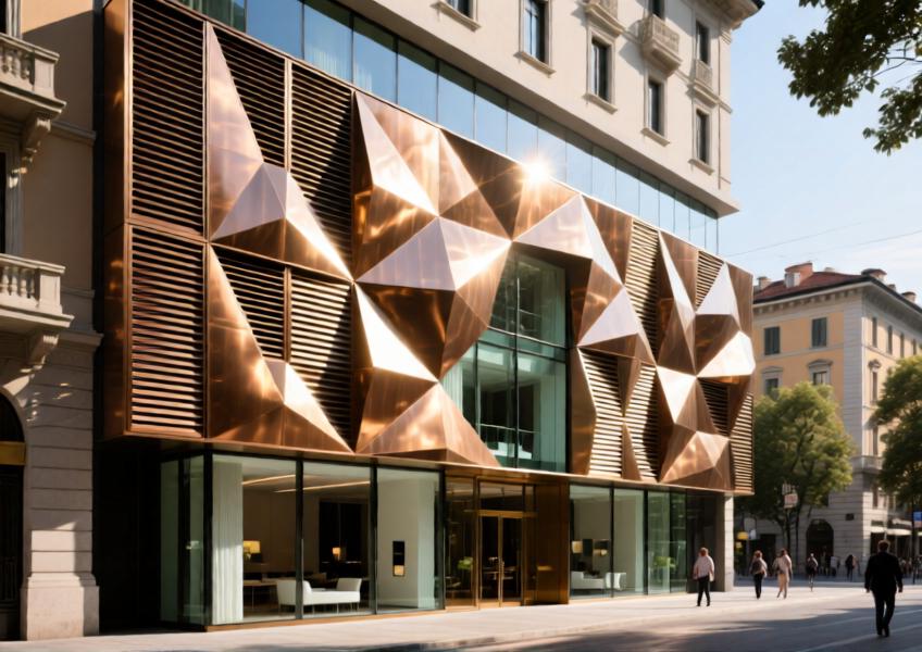 Milan luxury hotel with anodized bronze aluminum louvers creating a dynamic, sun-responsive façade
