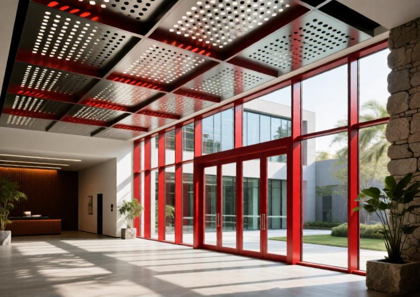 Interior-exterior transition space with red powder-coated aluminum curtain wall and matching perforated aluminum ceiling casting light patterns.