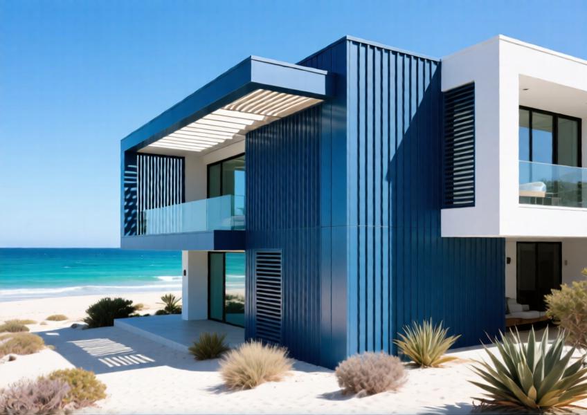 Luxury coastal villa with vibrant blue powder-coated aluminium sunshades and cladding.
