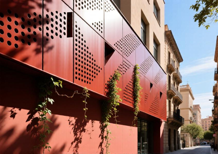 A matte terracotta-red perforated aluminum facade in Barcelona, showing intricate shadow play and integration with urban greenery.
